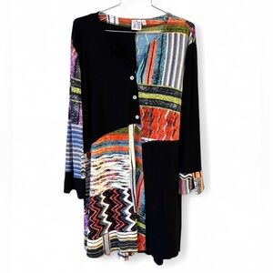 Parsley & Sage Patchwork Button Tunic Top Artsy 3/4 Sleeve Lagenlook Stretchy